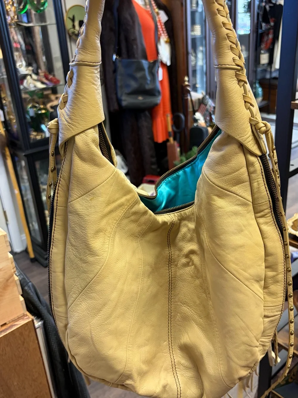 Oryany O by Oryany Cream Leather Fringe Studded Hobo Shoulder Bag